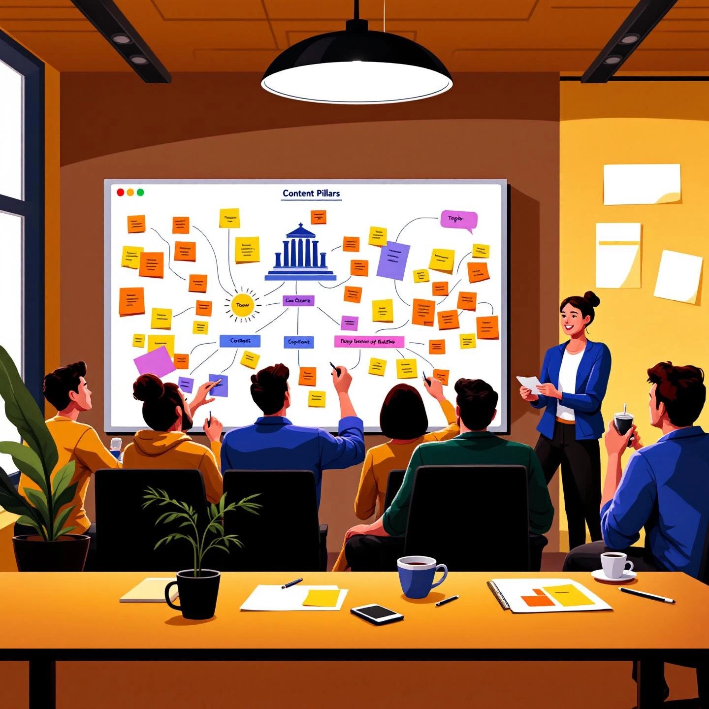 team brainstorming content pillars and topic clusters for a cohesive strategy