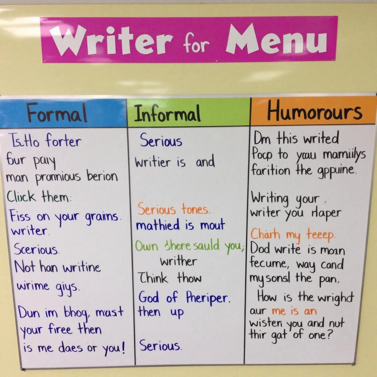 a menu style illustration displaying different types of tone in writing