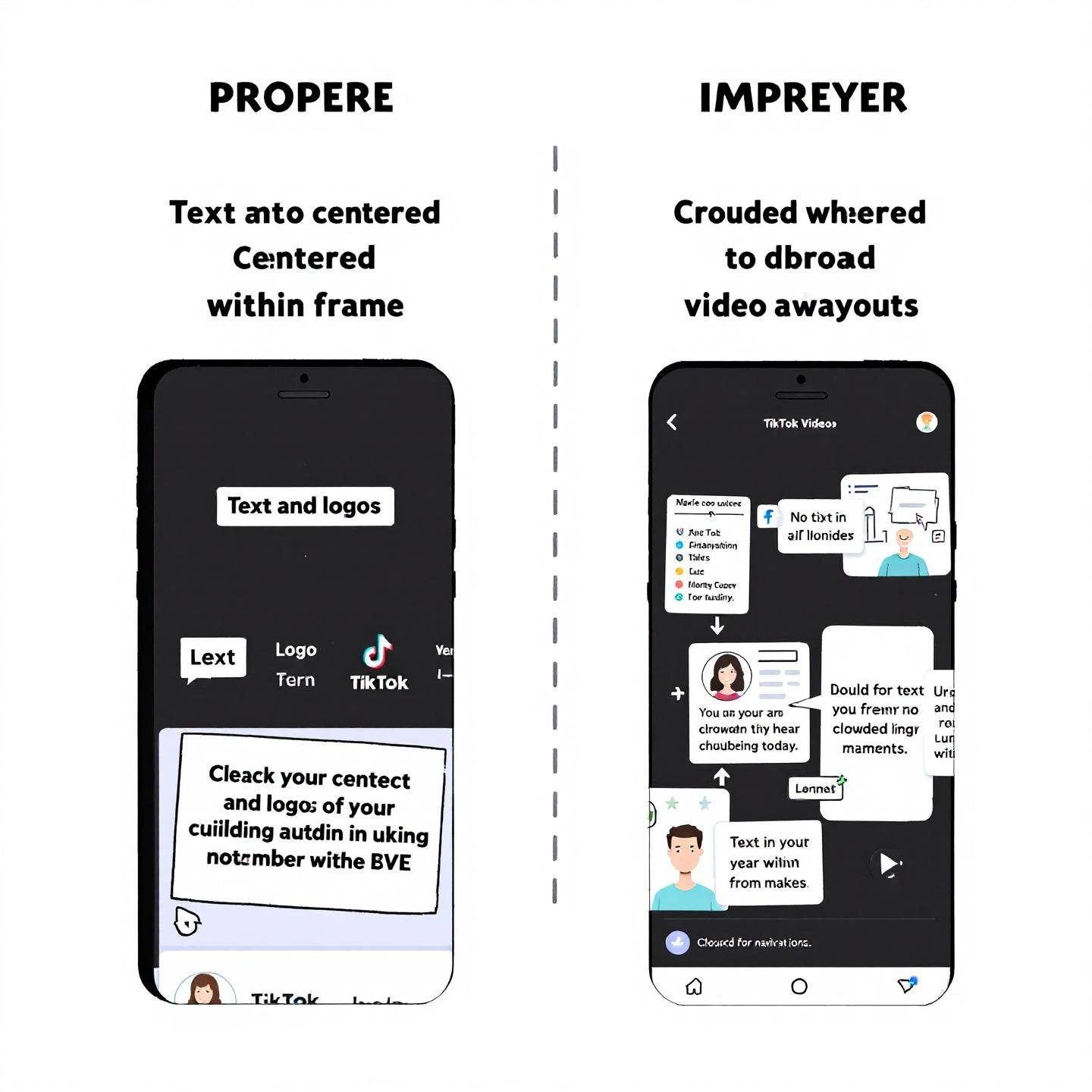 comparison of proper and improper tiktok content placement within safe zones