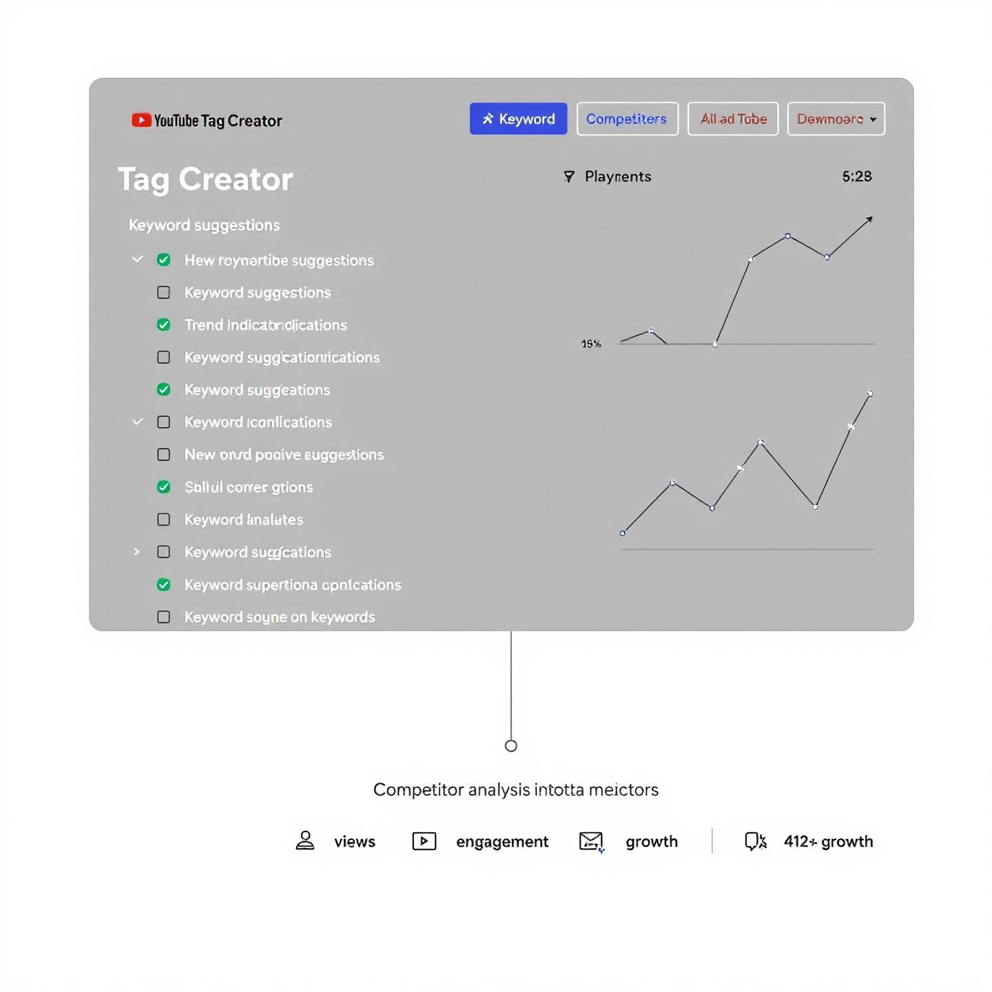 dashboard view highlighting features of a youtube tag creator