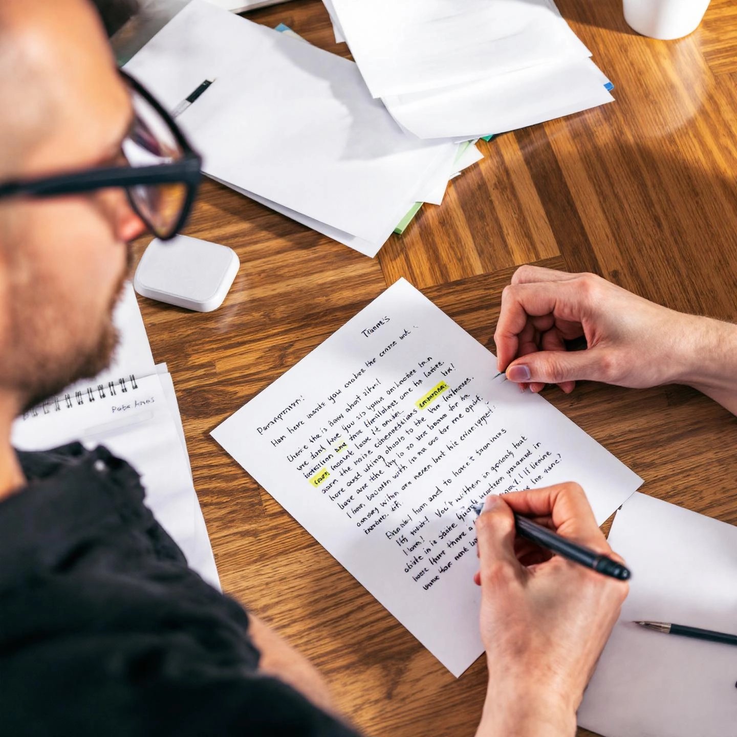 manual paragraph rewriting process at a writer's desk