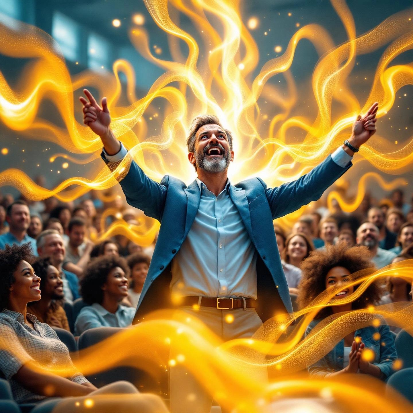 motivational speaker inspiring an energized audience with passion