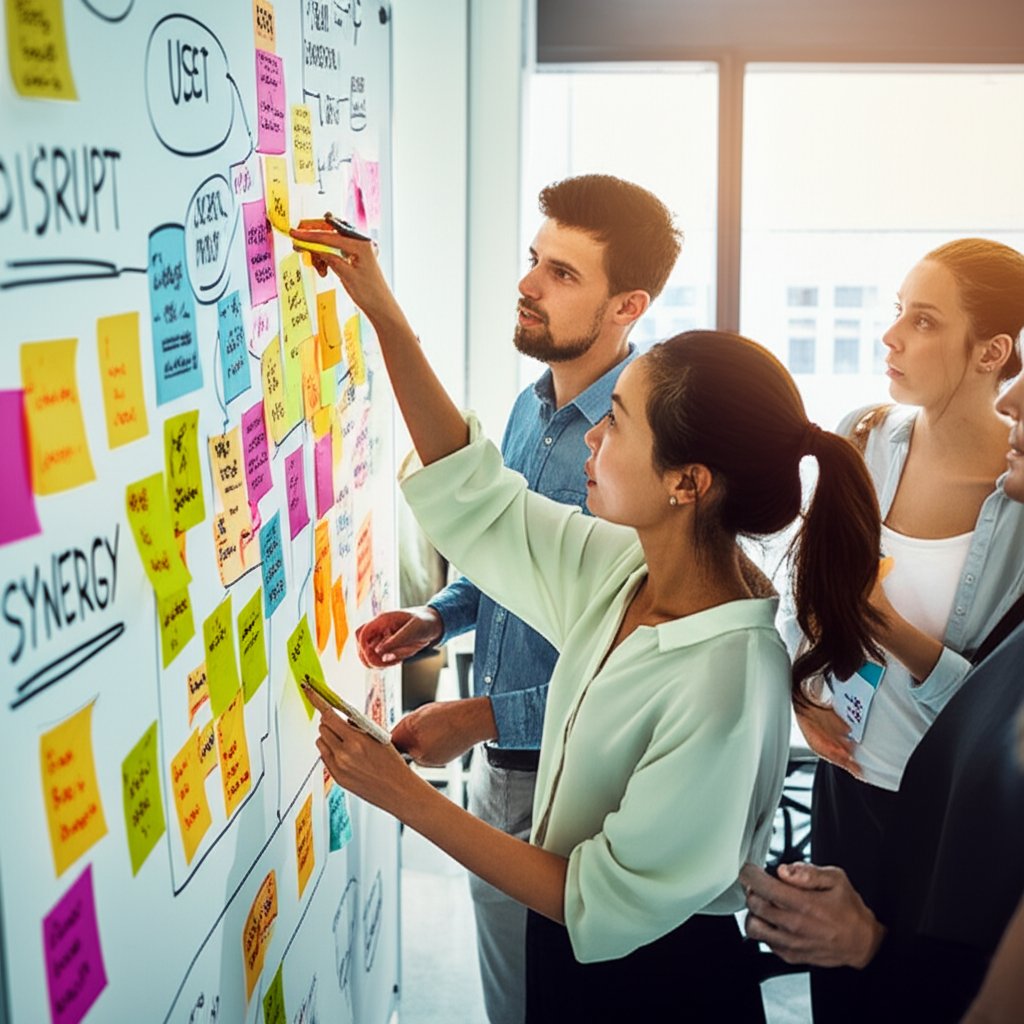 team brainstorming seed keywords and core topics for seo