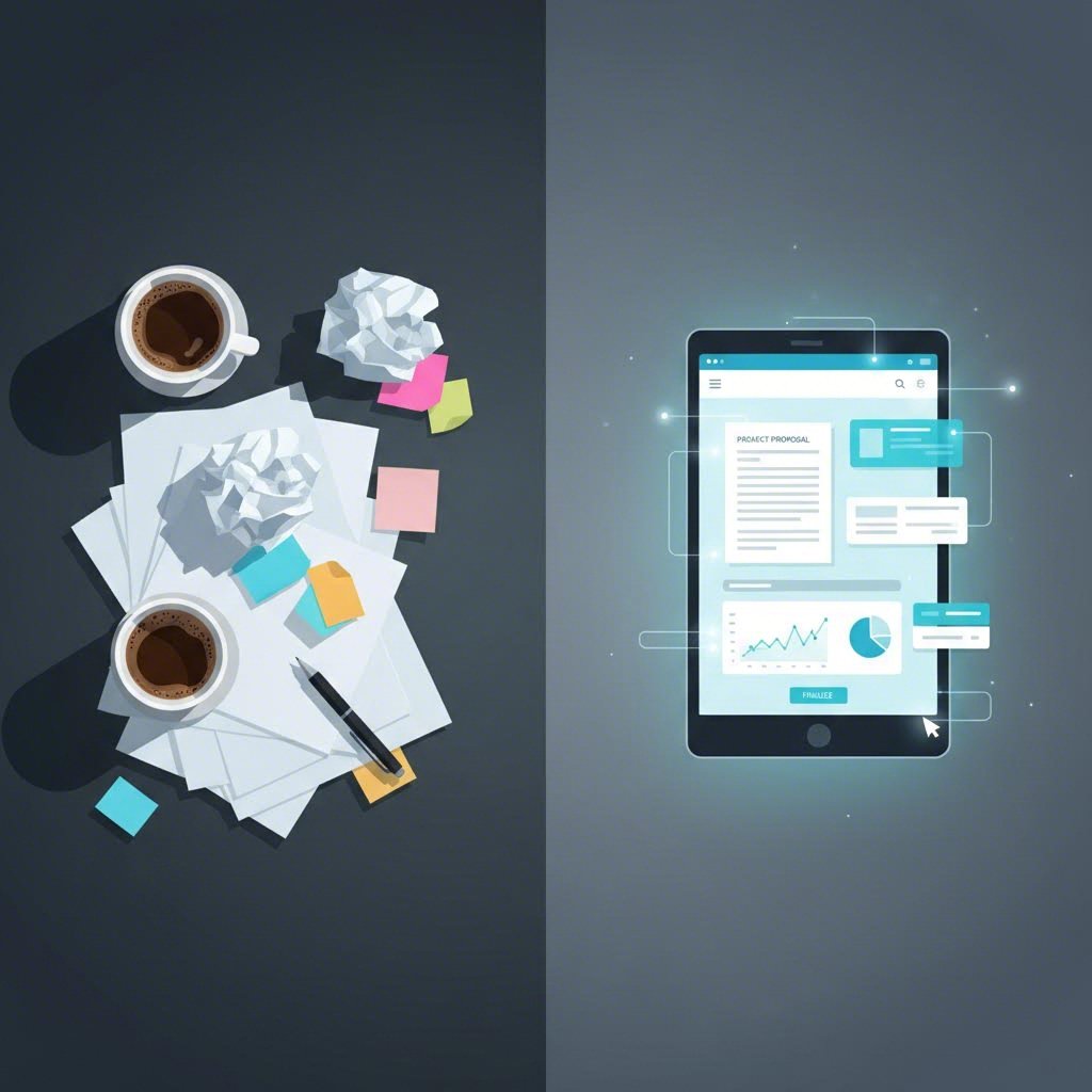 A before and after visual showing the shift from manual to AI automated proposal creation