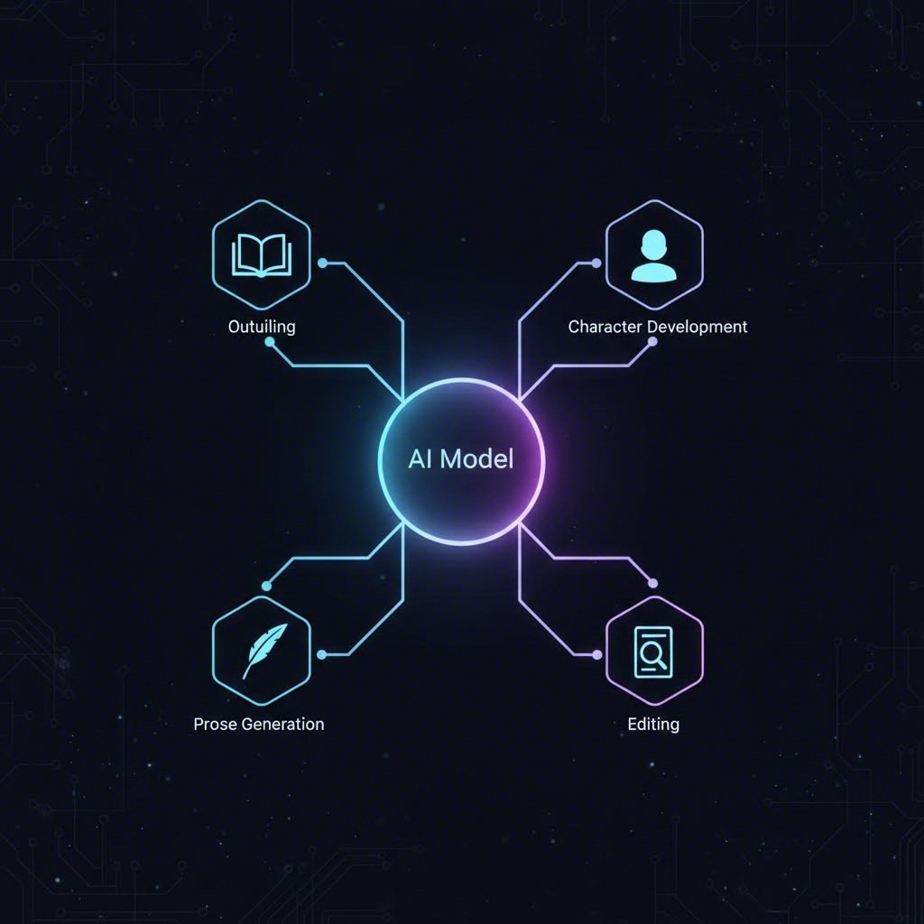 A diagram illustrating how a central AI model assists with different stages of writing a book
