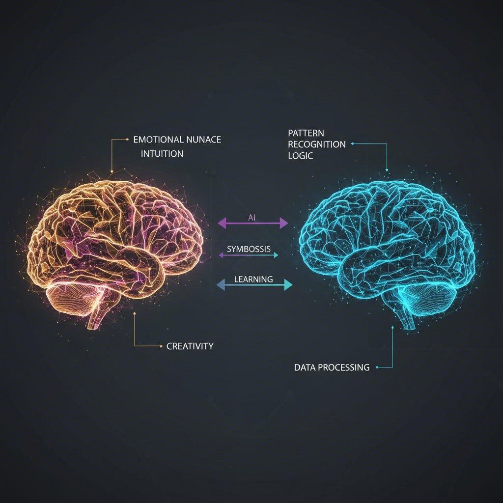 A diagram illustrating the key differences between human thought and AI processing in writing