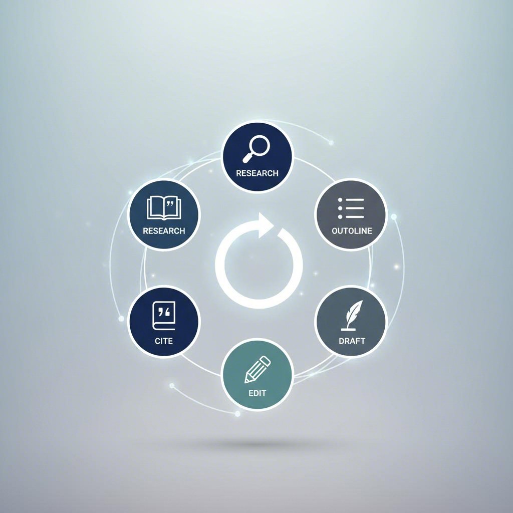 A diagram illustrating the stages of the academic writing process enhanced by AI tools