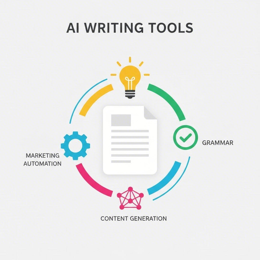A diagram showing the diverse features of AI writing tools for marketing and content