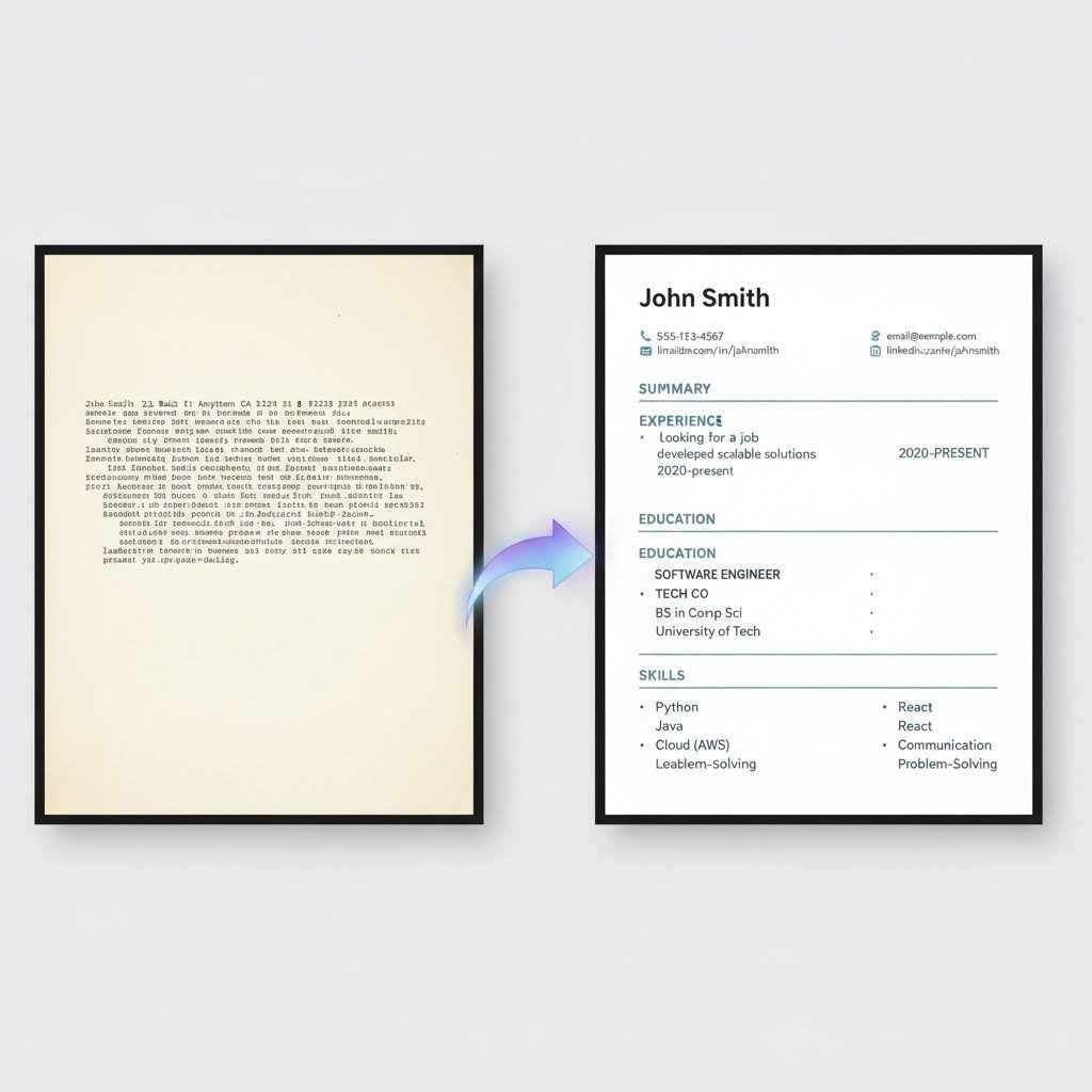 A visual comparison of a basic text resume versus one enhanced by an AI builder
