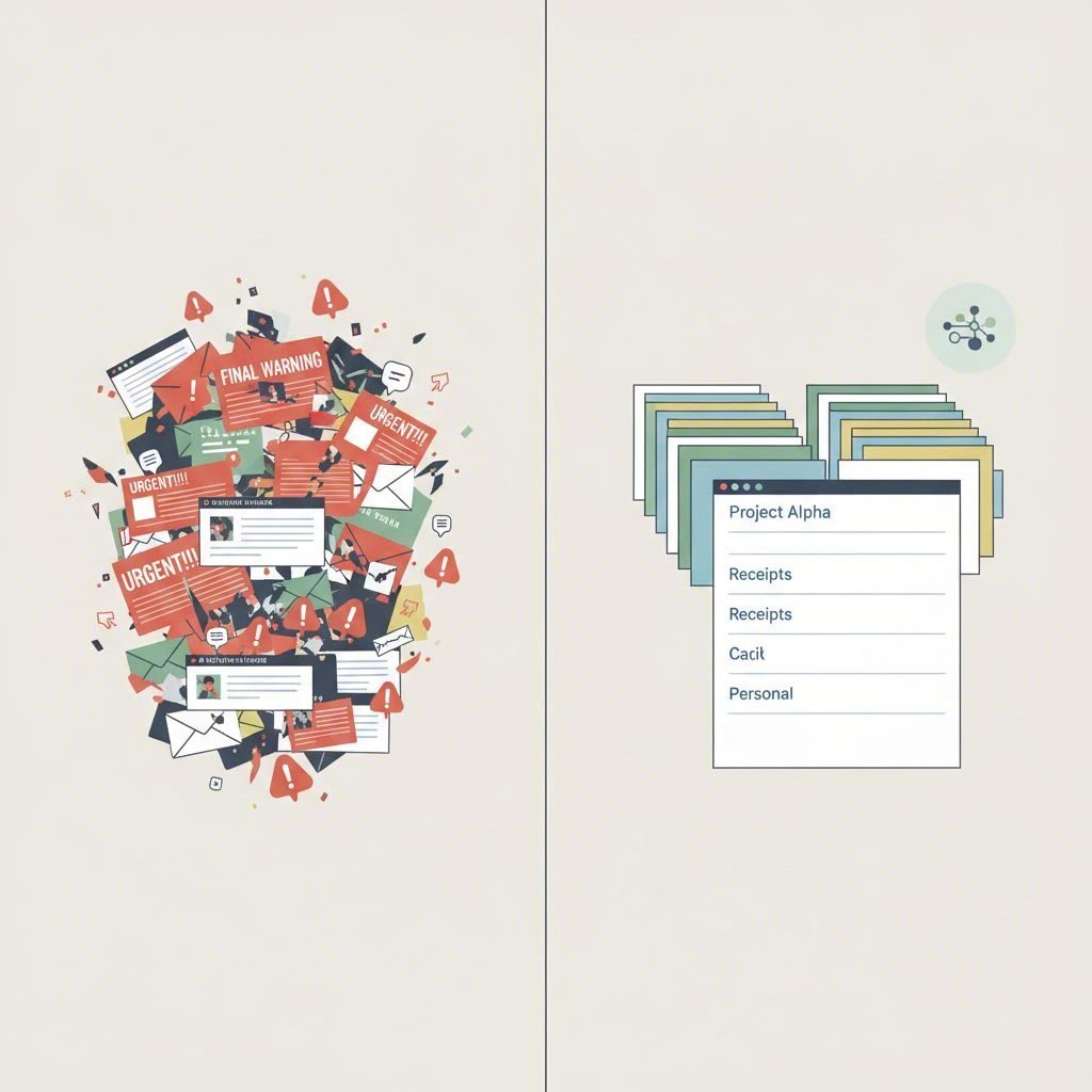 A visual comparison of a cluttered inbox versus one organized with AI assistance