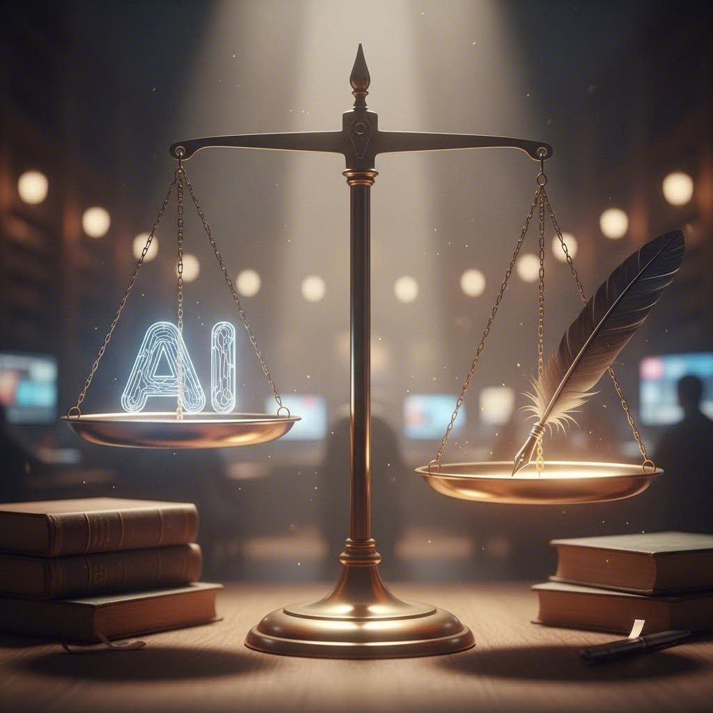 A visual metaphor for the ethical balance between AI technology and human judgment in news writing