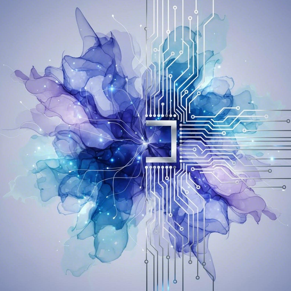 Abstract visual metaphor comparing the creative flow of fiction AI tools with the structure of non fiction AI assistants