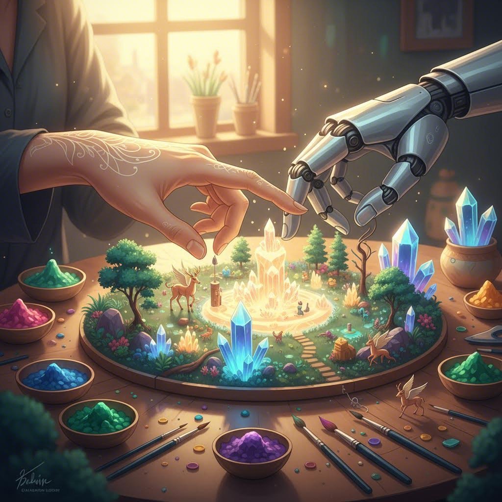 An allegorical image of human and AI collaboration in the craft of fiction writing