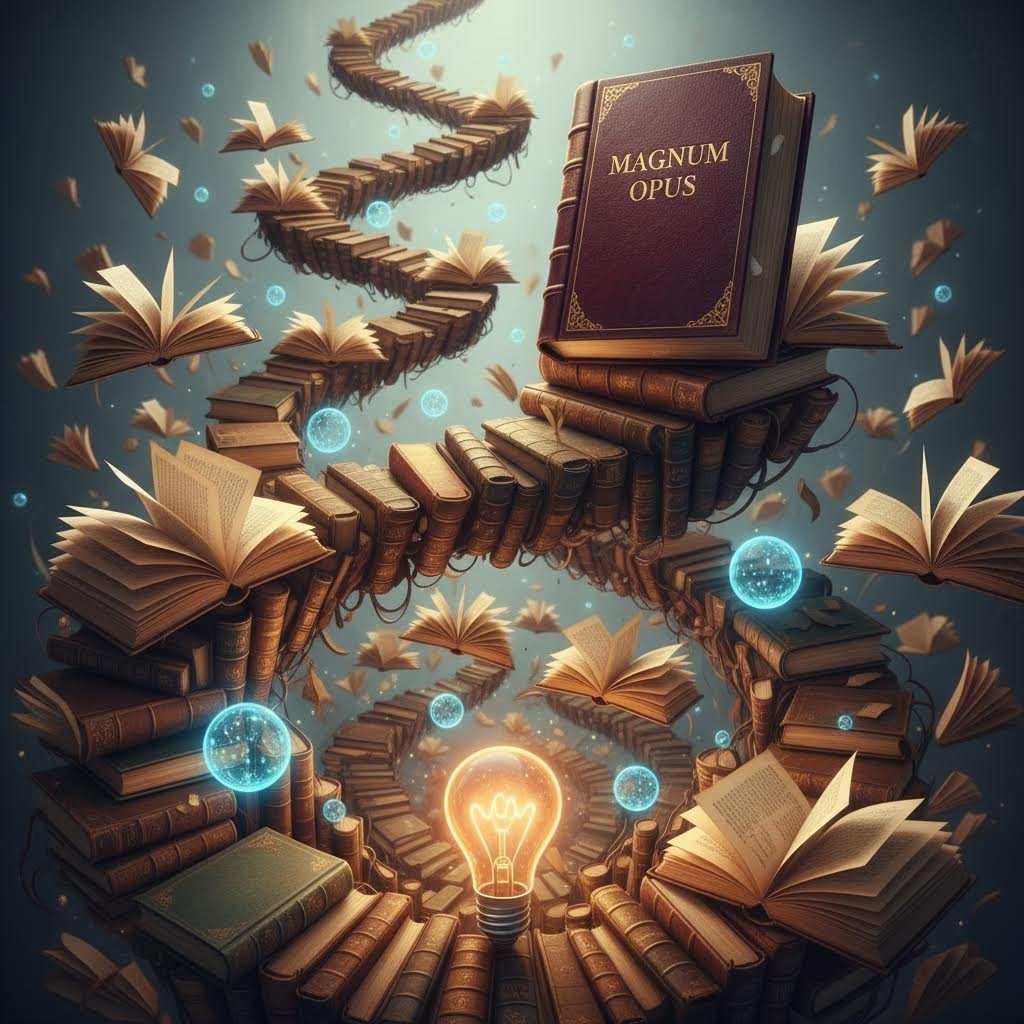 An artistic representation of the author's journey from idea to manuscript with AI assistance