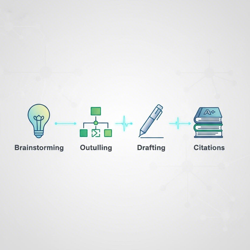 An infographic illustrating the core features of a modern AI essay writing assistant