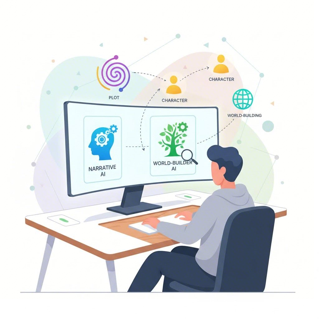 An infographic showing key features to look for in an AI story writing tool