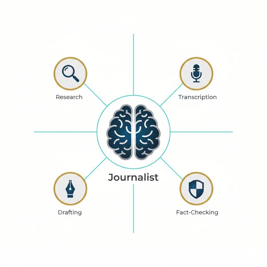 Diagram illustrating the key functions of AI tools as assistants in the journalistic workflow