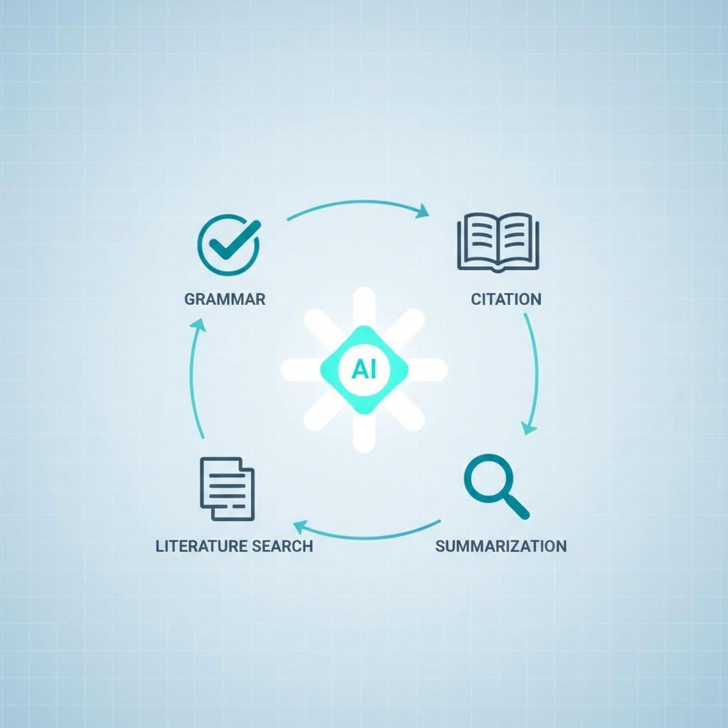 Diagram showing the core features to evaluate in an AI tool for academic research