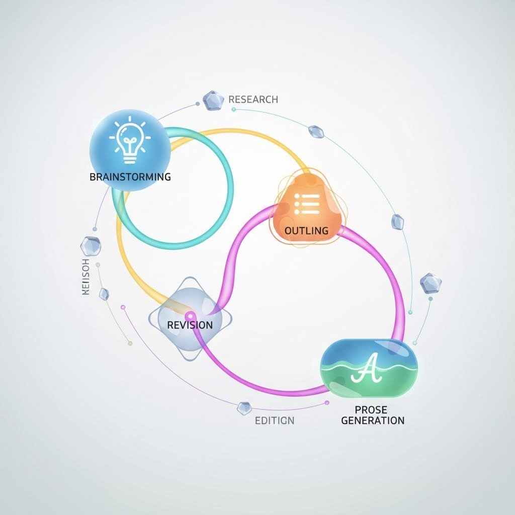 Diagram showing the stages of AI powered novel creation from idea to draft