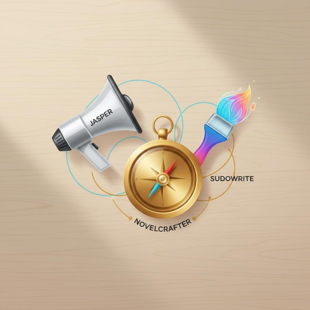 Symbolic representation of different AI writing platforms as creative tools