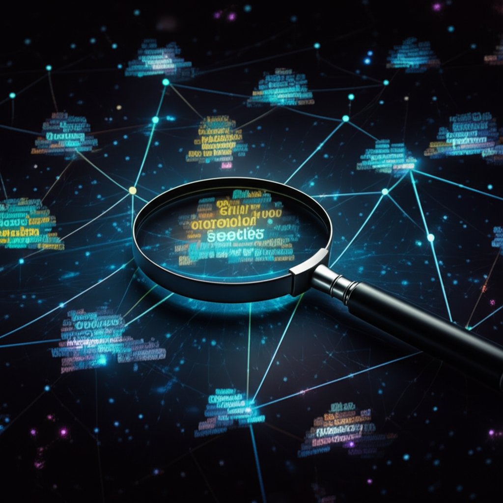 a conceptual illustration of the keyword research process showing a magnifying glass finding terms
