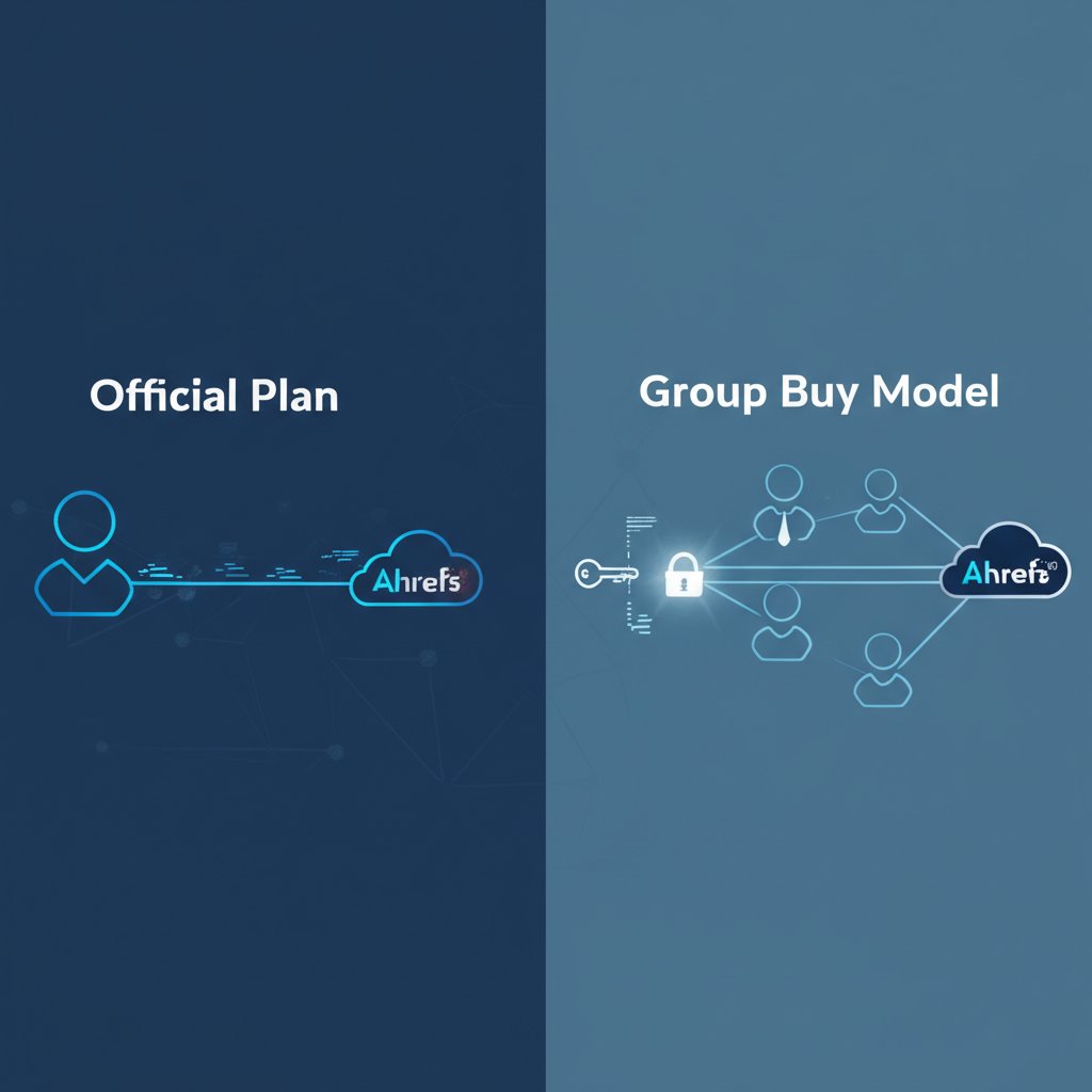 a diagram comparing the direct access of an official ahrefs plan versus the shared access of a group buy