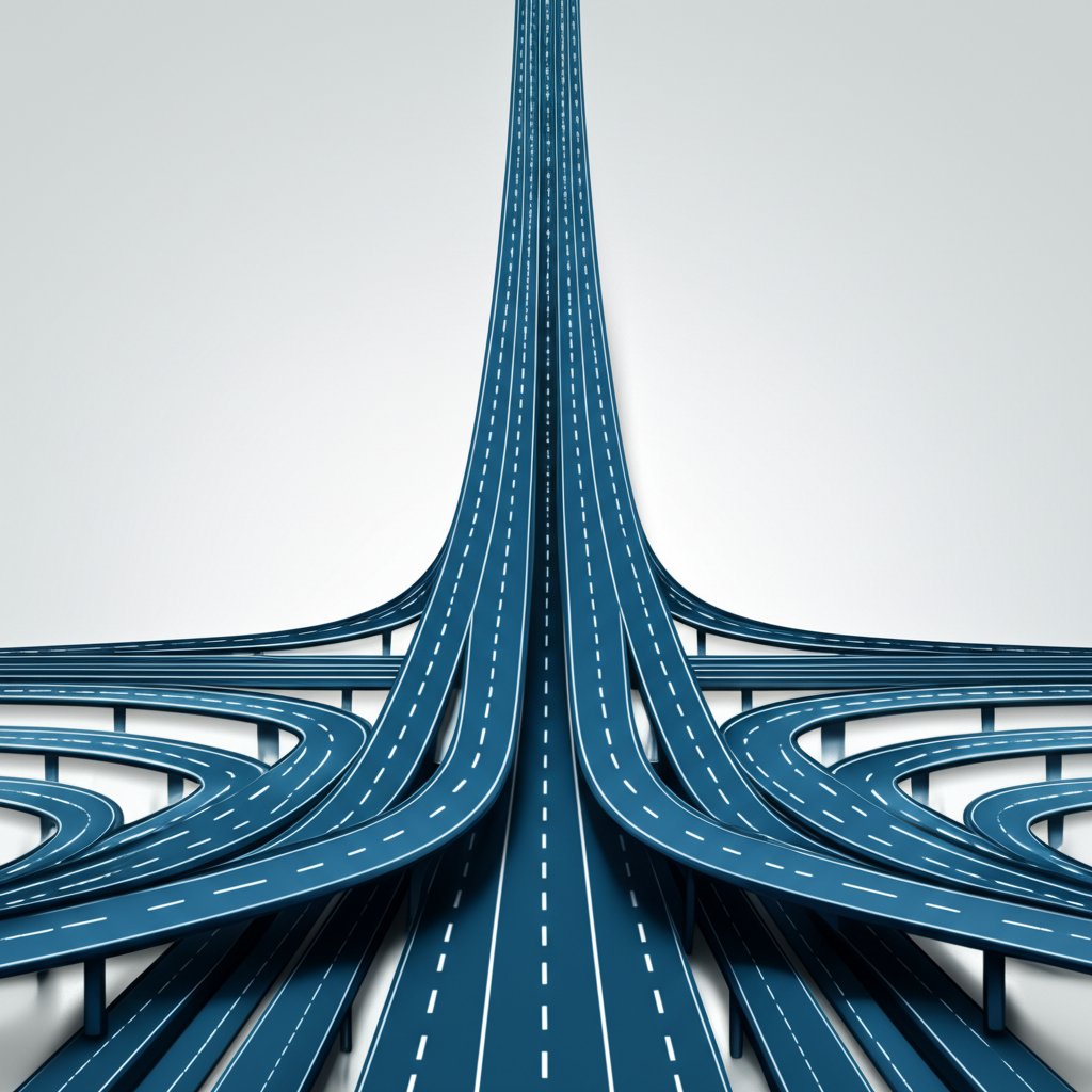 a diagram comparing the simple path of standard seo to the complex highway of enterprise seo