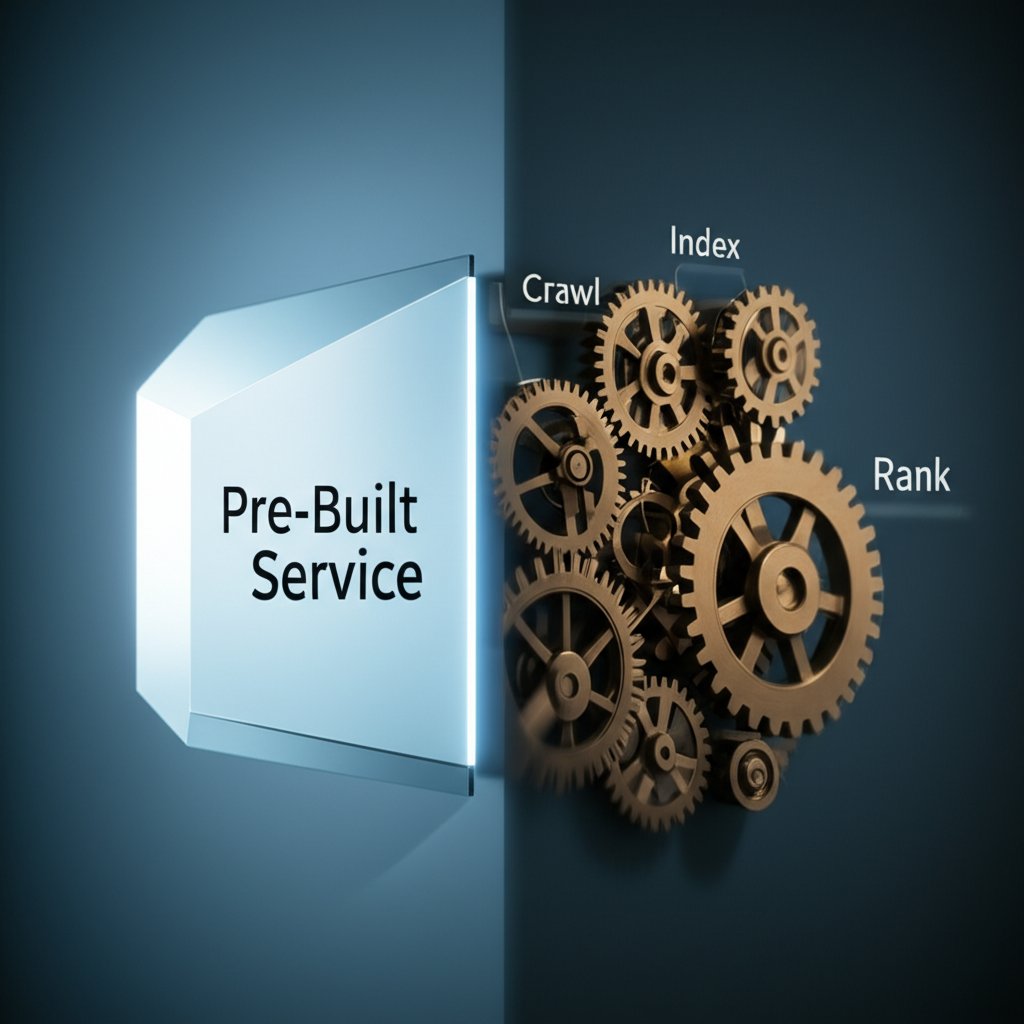 a diagram comparing the simplicity of a pre built search service with the complexity of a custom engines components