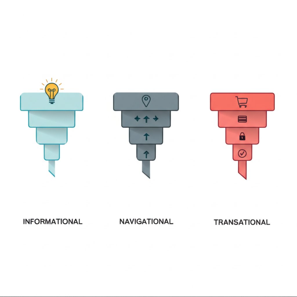 a diagram illustrating the three main categories of keyword search intent informational navigational and transactional