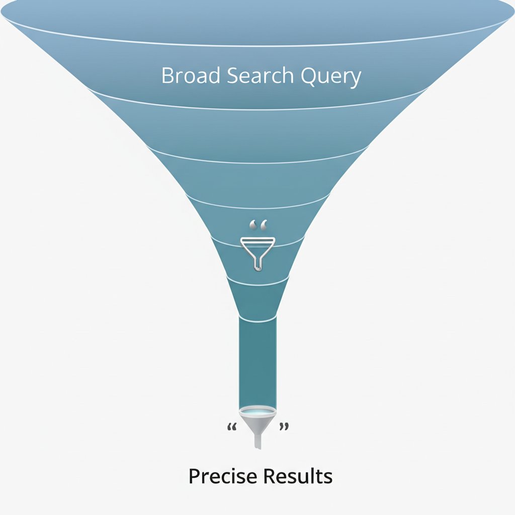 a diagram of a search funnel being narrowed by quotation marks to achieve exact match results