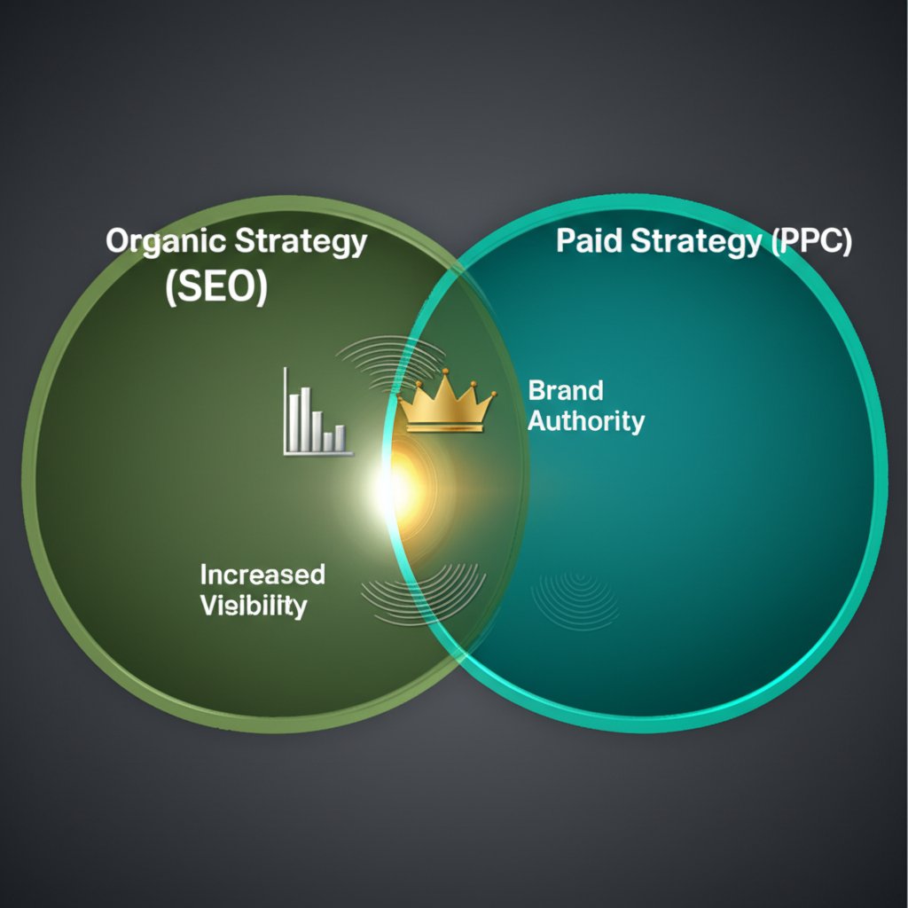 a diagram showing how seo and sem strategies overlap to create a powerful synergistic effect