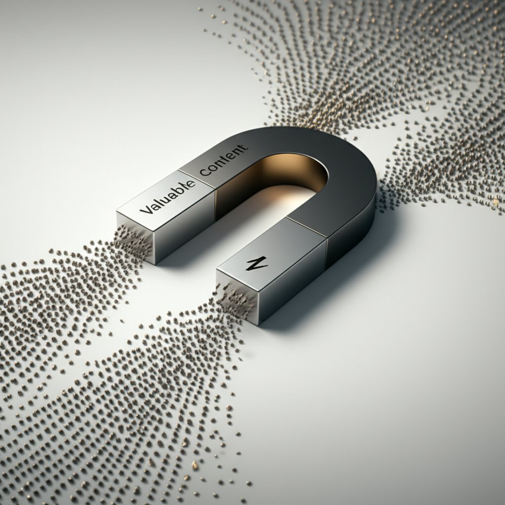 a magnet symbolizing valuable content effortlessly attracting backlinks and building authority
