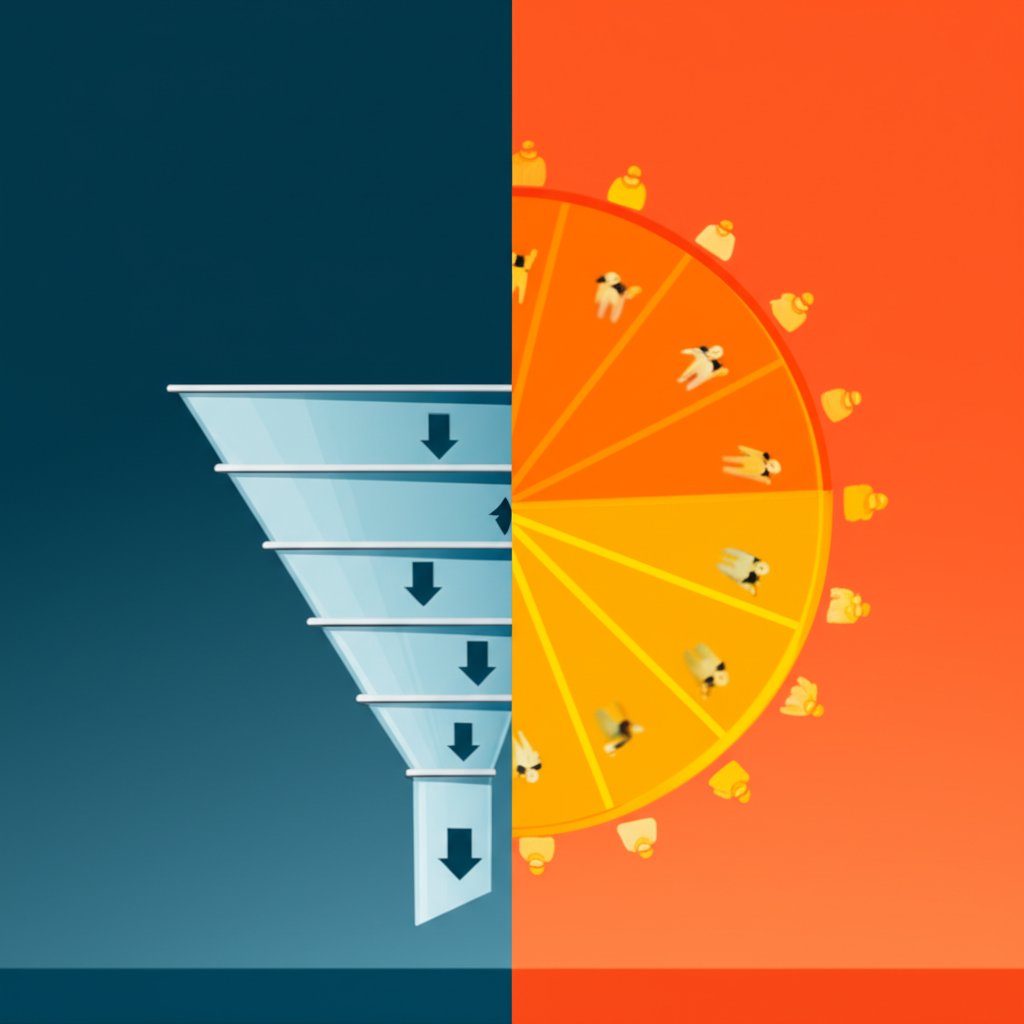 a visual comparison between the linear marketing funnel and the circular marketing flywheel model
