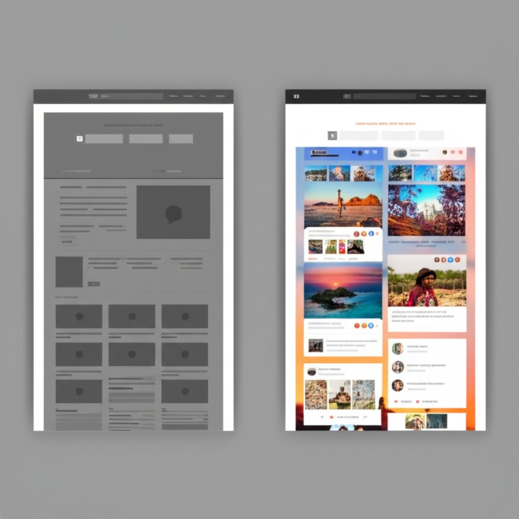 a visual comparison of a static website versus a dynamic one with a social feed