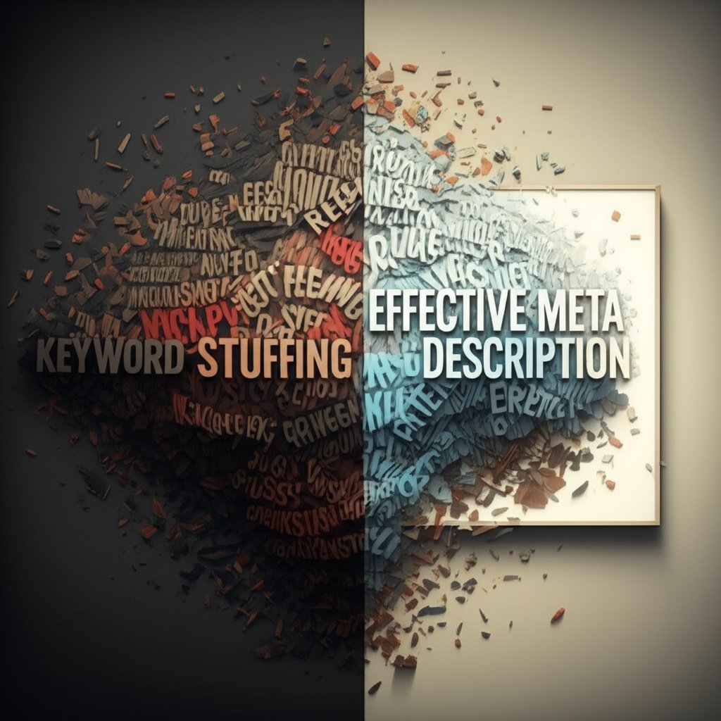a visual contrast between the outdated practice of keyword stuffing and a modern effective meta description for seo
