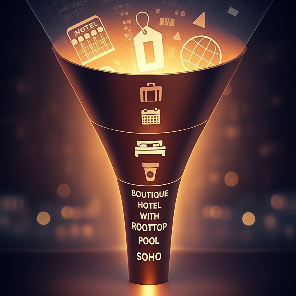 a visual funnel demonstrating the power of long tail keywords in hotel marketing