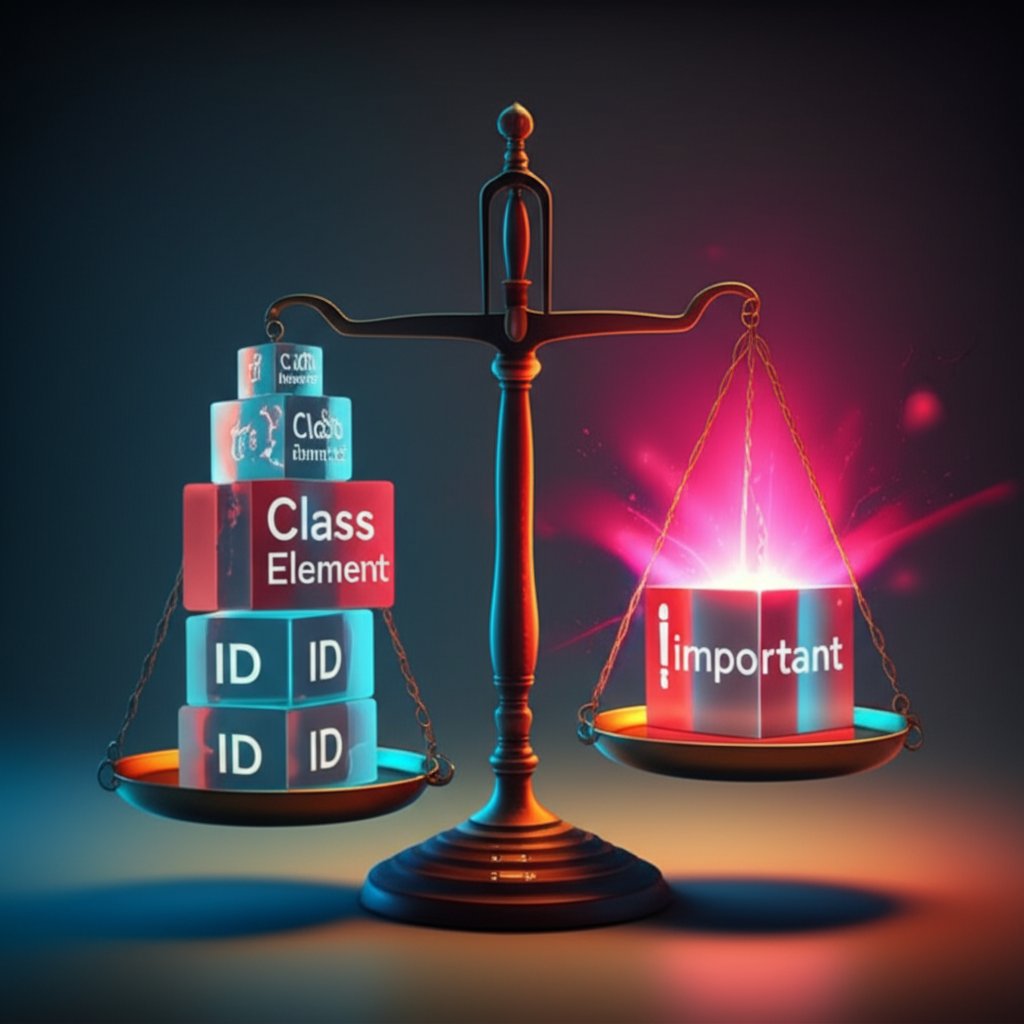 a visual metaphor showing the css important rule outweighing selector specificity