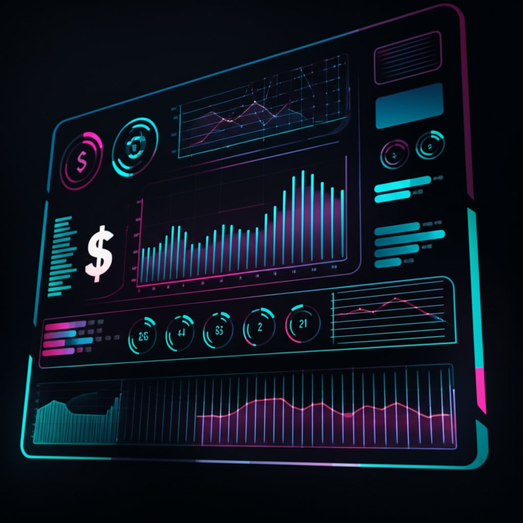 abstract dashboard with glowing charts indicating the positive results of paid advertising campaigns