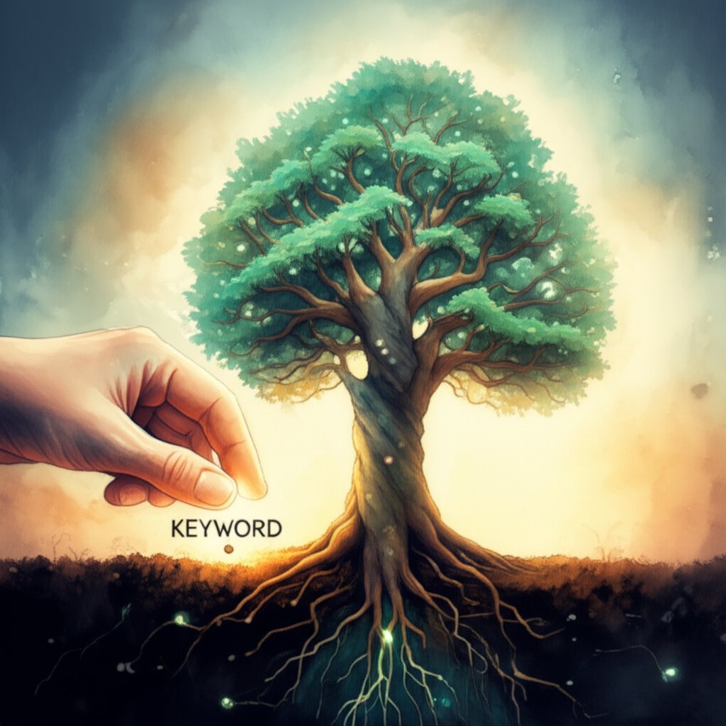 an abstract representation of seo growth from keyword research to achieving significant organic traffic