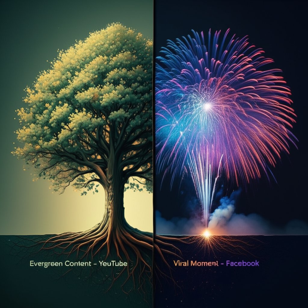 an artistic representation of evergreen contents longevity versus the fleeting nature of viral content
