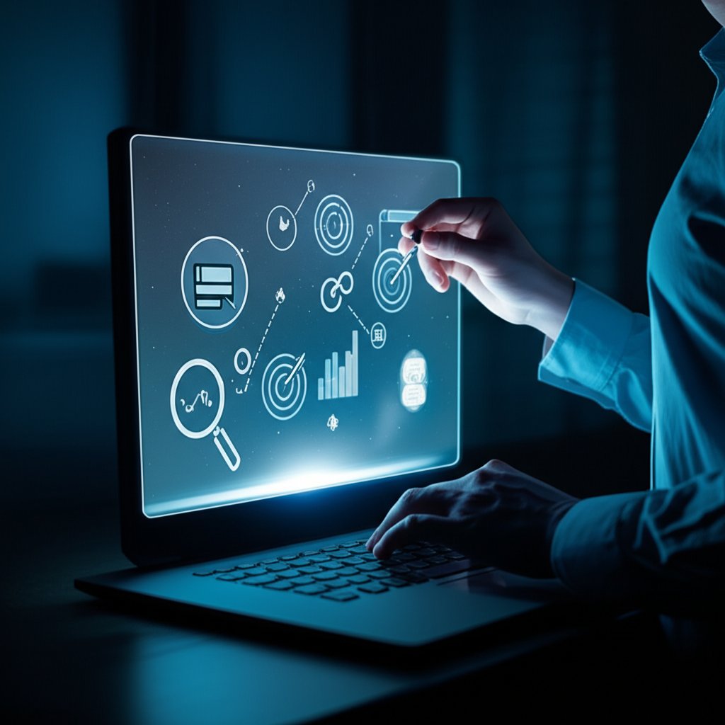 an illustration of a person building a custom seo tool stack with digital icons