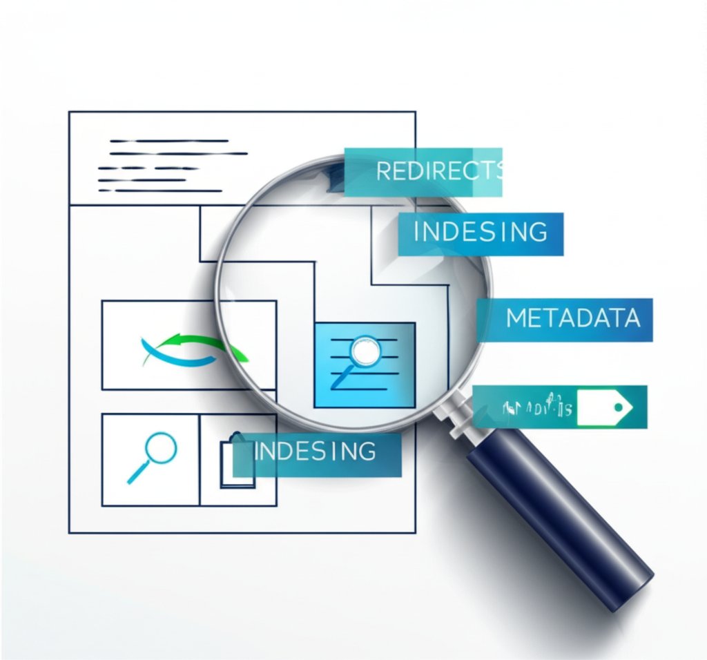 an infographic diagram illustrating a post migration seo audit checklist with key technical areas