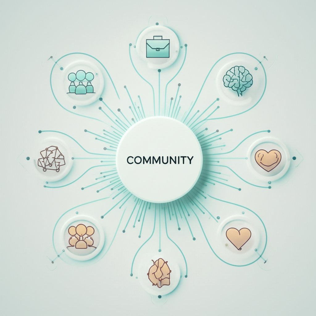 an infographic illustrating the core benefits of joining a community from career growth to personal support