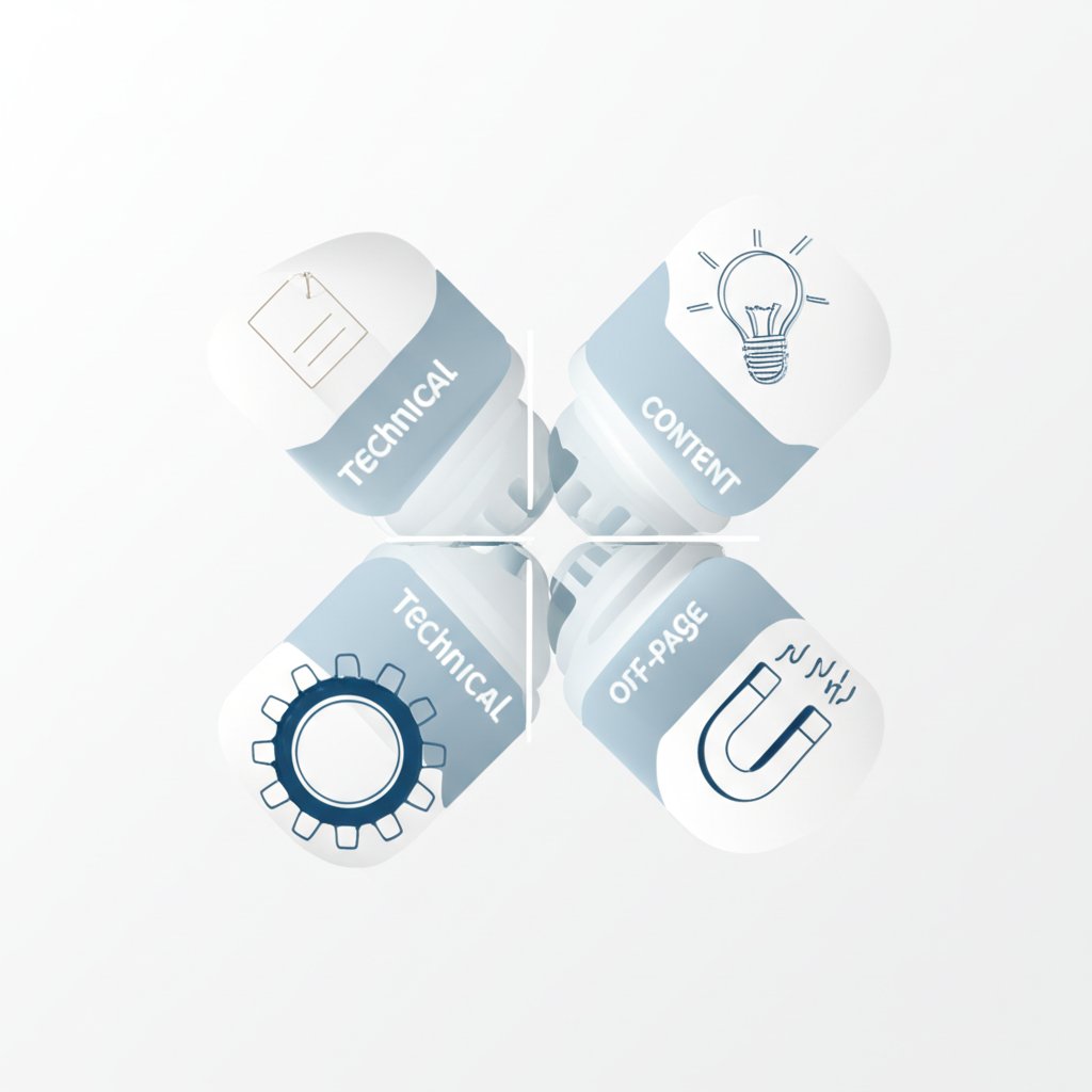 an infographic illustrating the four fundamental pillars of a successful seo strategy