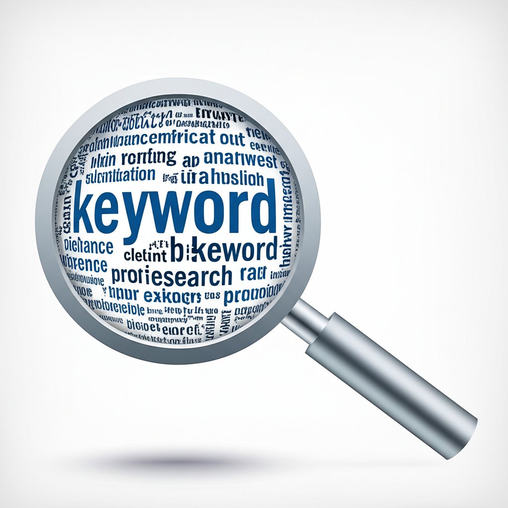 an infographic showing a magnifying glass over a word cloud for keyword research