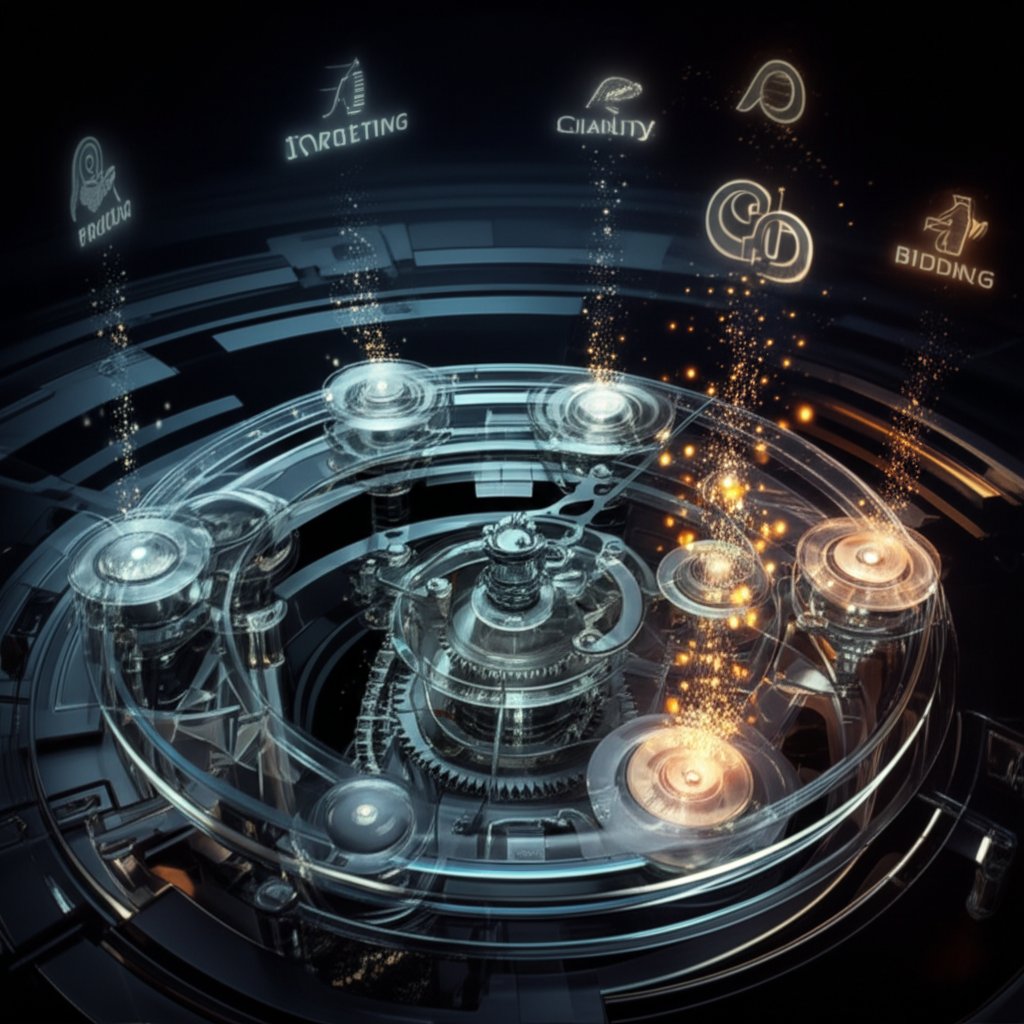 conceptual art of a complex machine being fine tuned symbolizing cpm optimization strategies