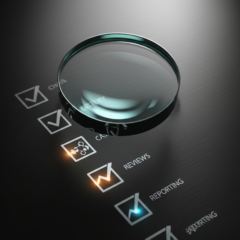 conceptual art of a magnifying glass inspecting an agency evaluation checklist
