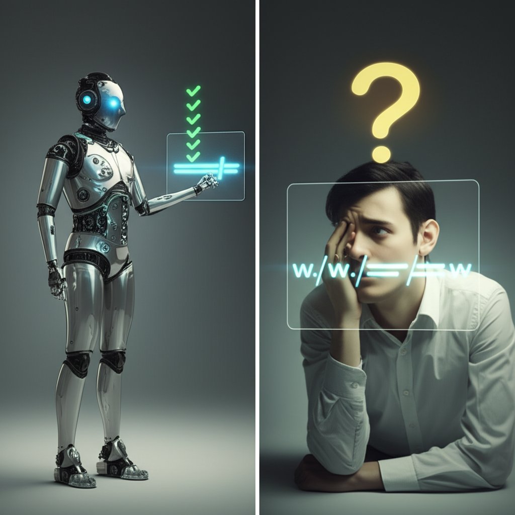 diagram contrasting a search engines technical view of a hyphenated url with a human users confusion