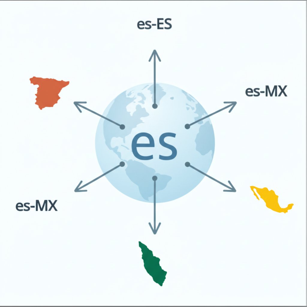 diagram illustrating the difference between a general hreflang tag and region specific tags for spanish