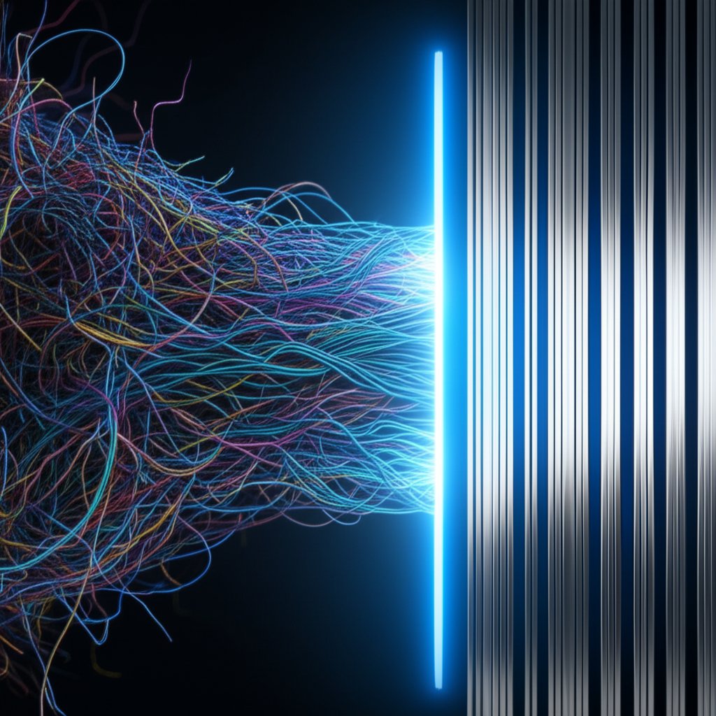 diagram illustrating the process of code optimization from messy to clean for better performance